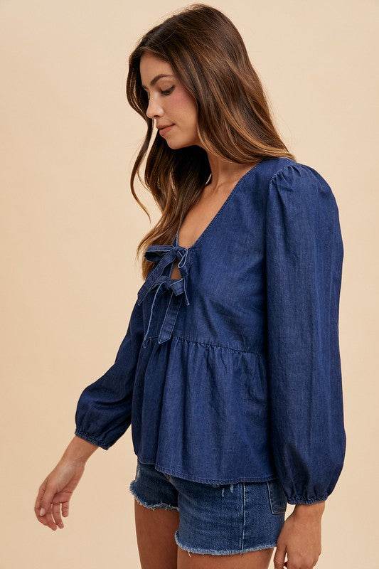 Tie Front Peplum Denim Top with Long Sleeves - Akana Style