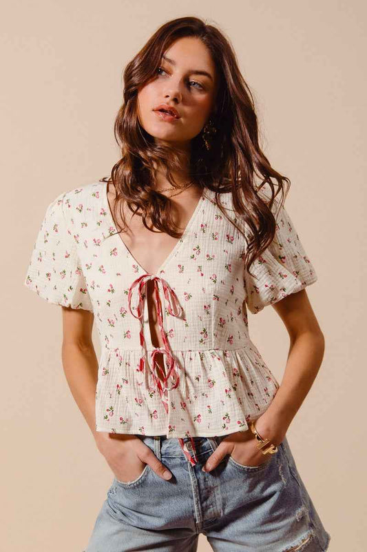 Ditsy Floral Print Gauze Tie-Front Blouse