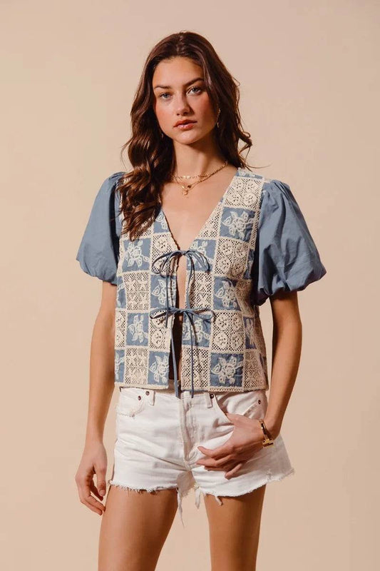 Crochet Lace Blouse with Tie Front V Neck Design - Akana Style