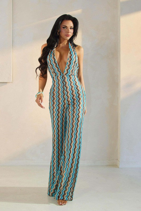 ZIGZAG PATTERN HALTER JUMPSUIT - Akana