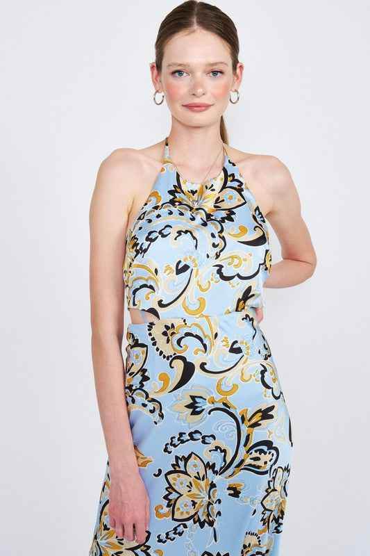 PRINTED HALTER NECK MAXI DRESS - Akana Style
