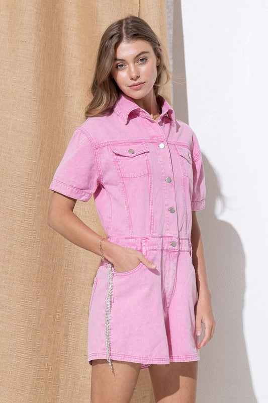 Washed Denim Overall Romper - Akana