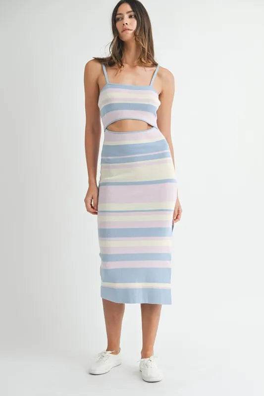 Multi Color Striped Midi Dress with Front Cutout Design - Akana Style