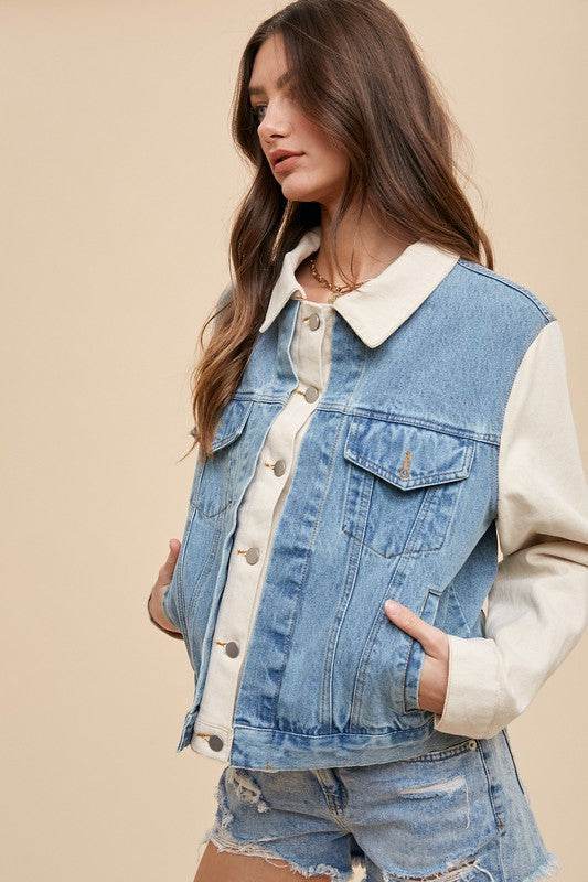 Collared Neck Denim Jacket with Double Placket Design - Akana Style