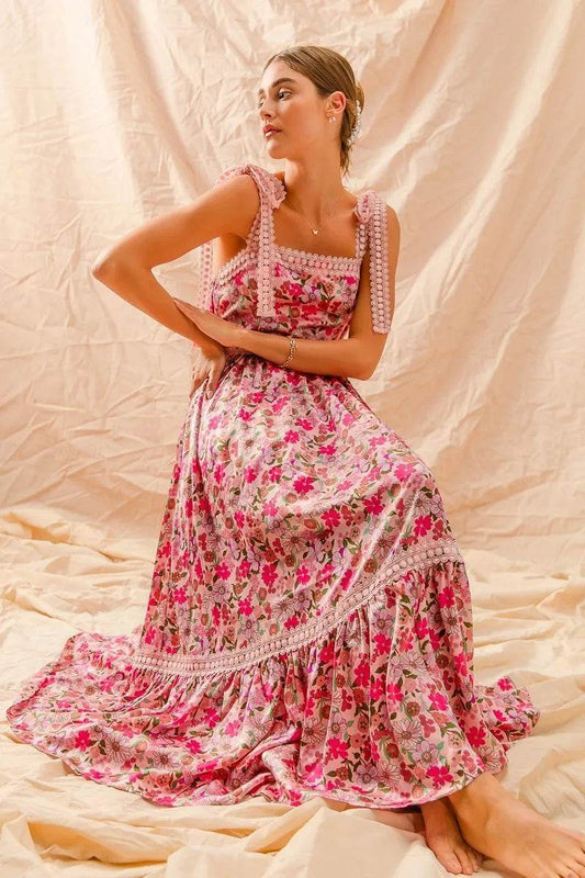 Floral Maxi Dress With Ribbon Tie Lace Strap - Akana Style