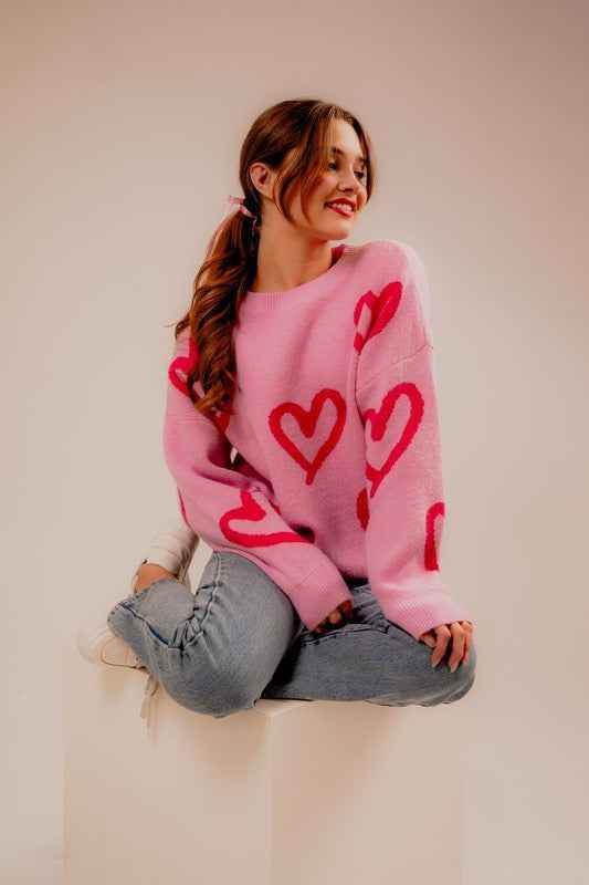 Long Sleeve Round Neck Heart Printed Sweater - Akana Style