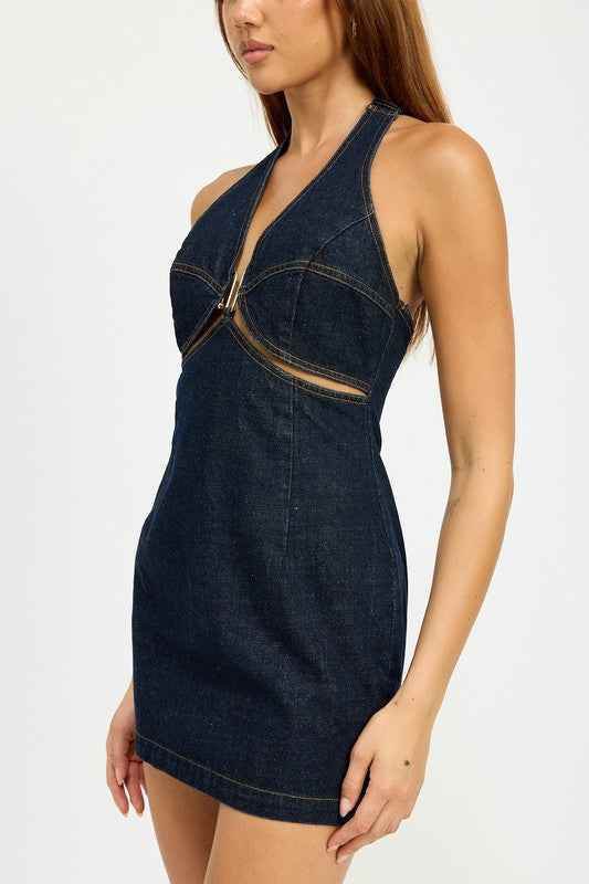 HALTER NECK MINI DENIM DRESS WITH CUT OUT - Akana Style