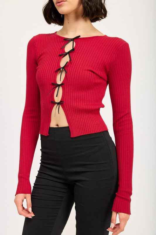 Long Sleeve Ribbed Top with Bow Detail - Stylish & Comfortable Fashion Essential - Akana Style