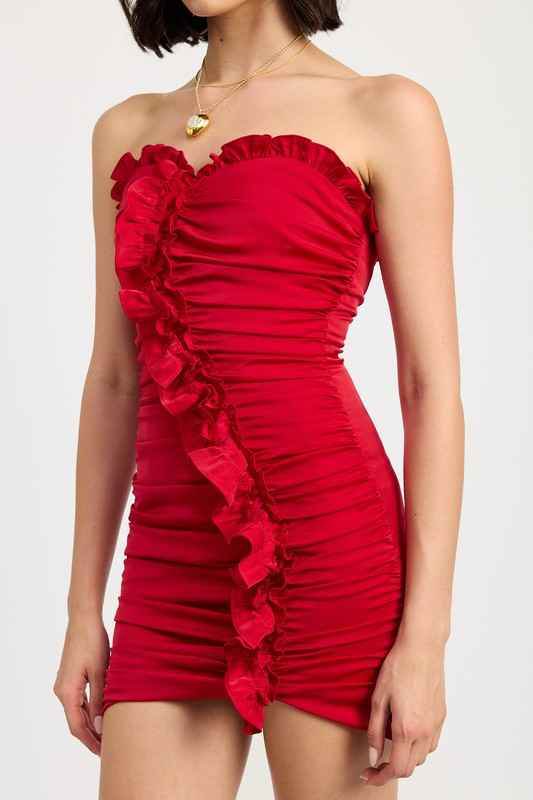 RUCHED RUFFLE MINI DRESS - Akana Style