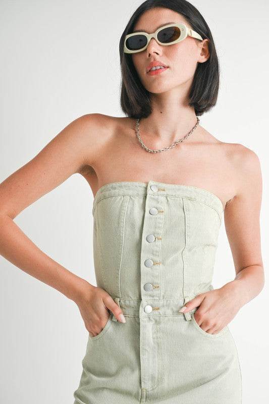 Button Up Denim Dress with Slit - Chic and Stylish Tube Design - Akana Style