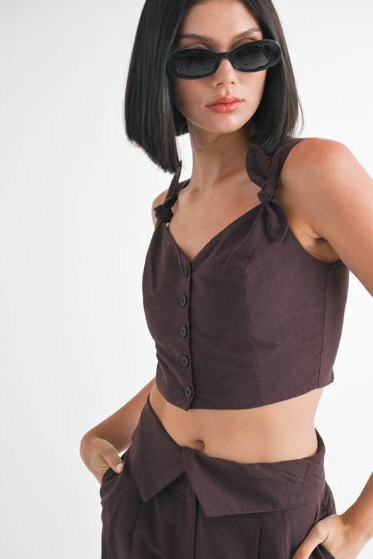 BUTTON UP CROPPED TOP WITH SHOULDER TIES - Akana Style