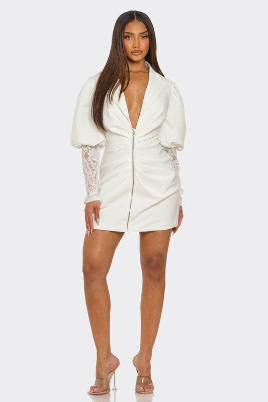 HALF PACK White Puff-Sleeve Zip-Up Dress - Akana Style