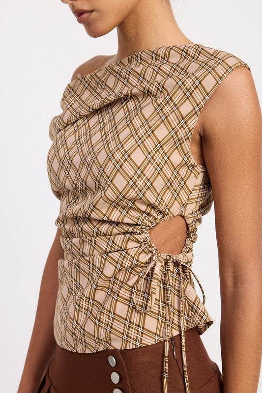 Asymmetric One Shoulder Plaid Top with Ruched Design for Trendy Style - Akana Style