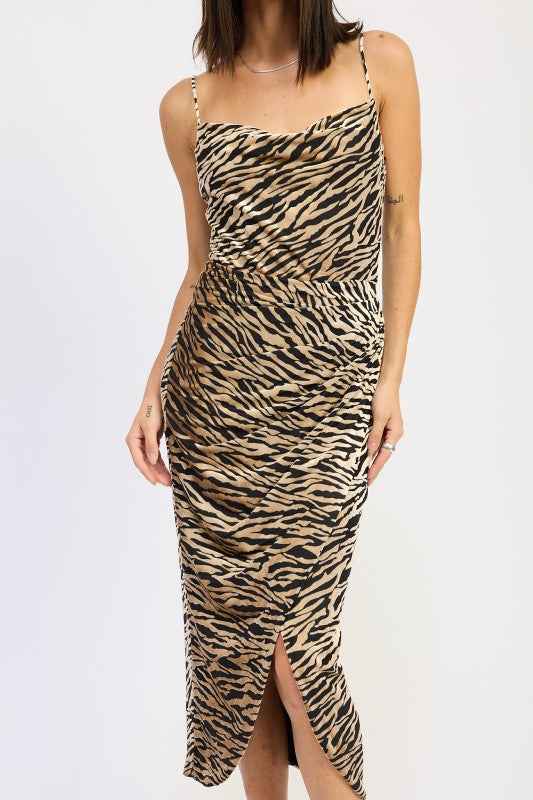 GATHERED MIDI DRESS WITH COWL NECK