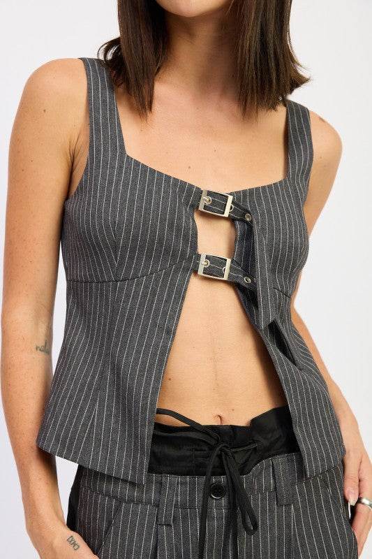 Pinstripe Squared Neck Top with Buckle Detail for Chic Style - Akana Style