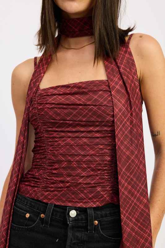 SPAGHETTI STRAP TOP WITH SCARF AND BACK ZIPPER