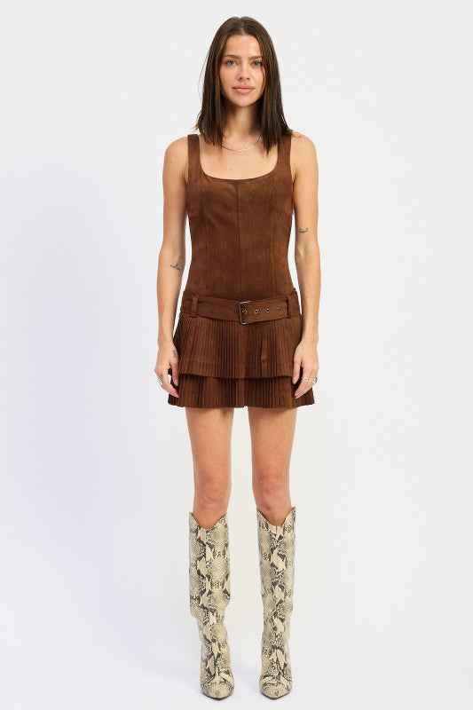 BELTED SUEDE PLEAT MINI DRESS