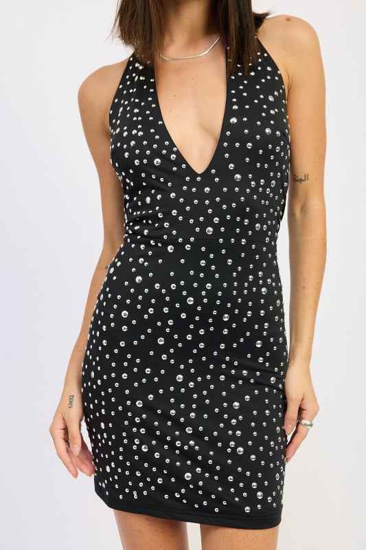 METALLIC HOTFIX HALTER MINI DRESS