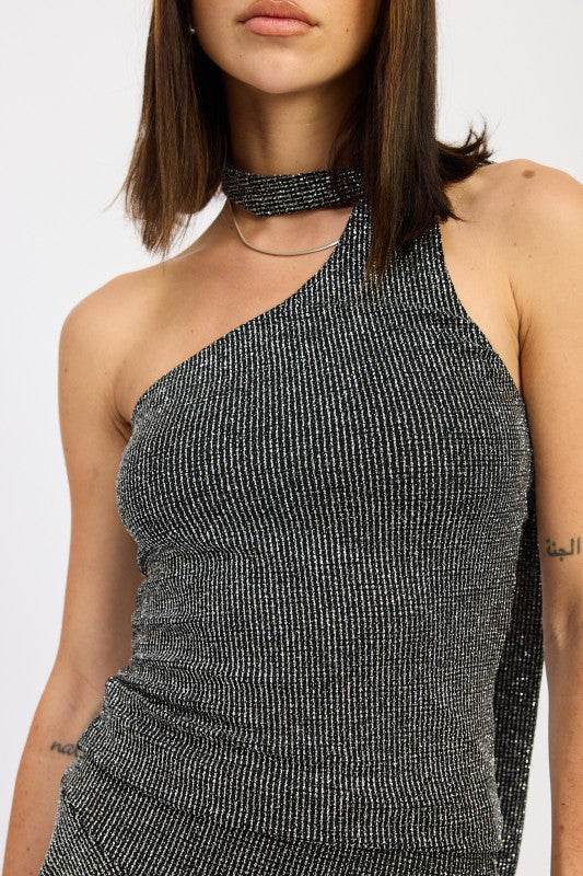 RIBBED ONE SHOULDER TOP WITH SCARF DETAIL - Akana Style
