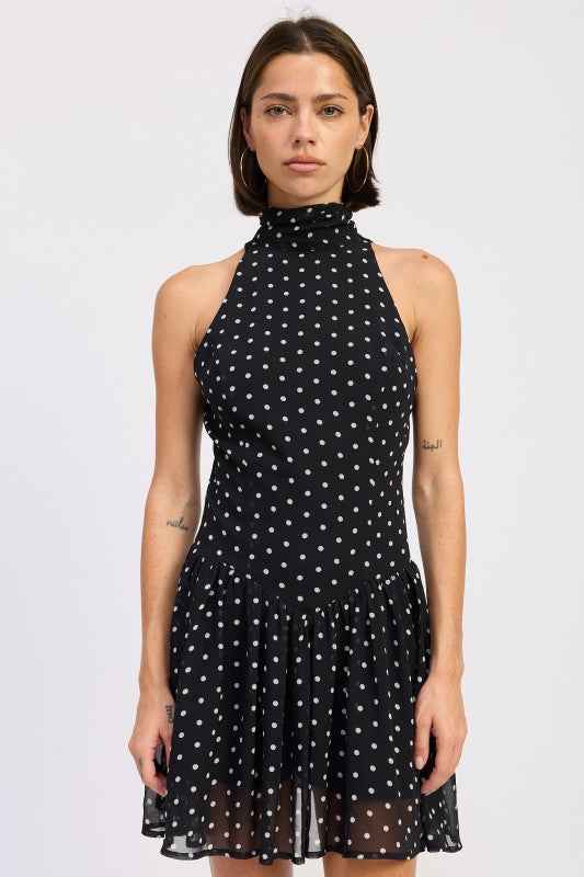 SLEEVELESS HIGH NECK MINI DRESS WITH POLKA DOTS