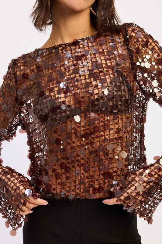 LONG SLEEVE SEQUIN MESH TOP
