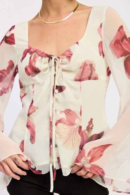 TIE FRONT LONG SLEEVE FLORAL BLOUSE