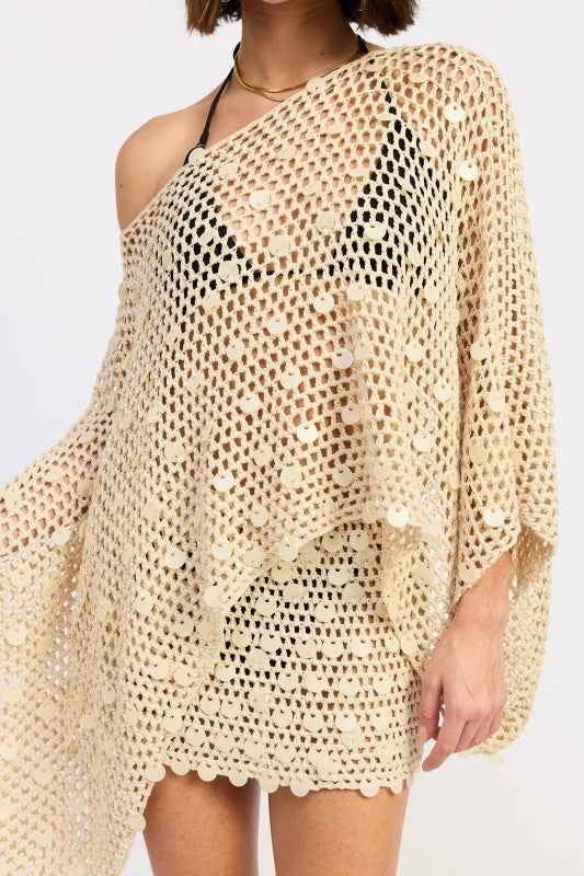 OVERSIZED SHELL TRIM CROCHET PONCHO