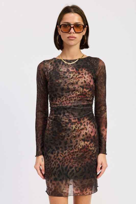 Mini Open Back Mesh Animal Print Dress Brown Multi / Small