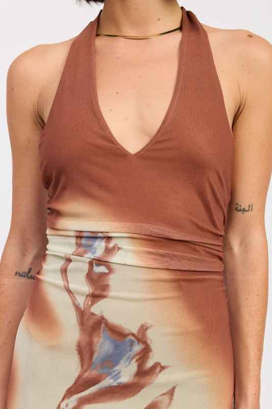 PRINTED MAXI HALTER DRESS WITH NECK TIE