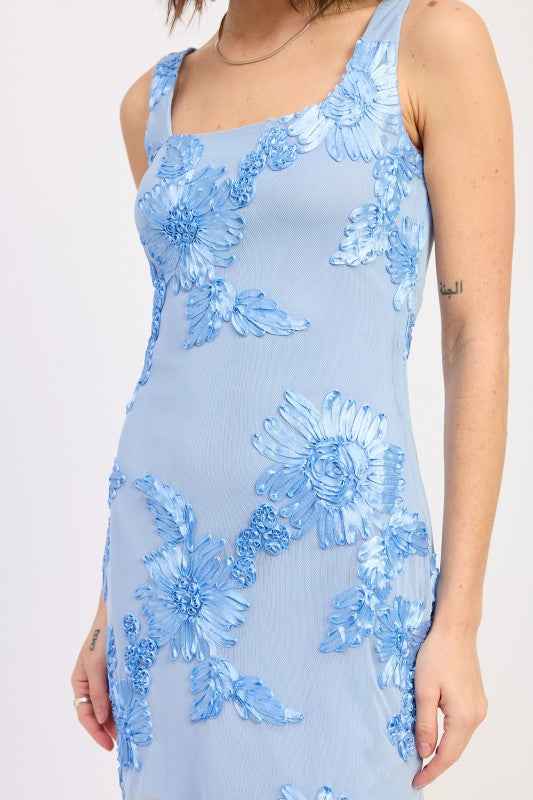 SQUARE NECK MACRAME MINI MESH DRESS