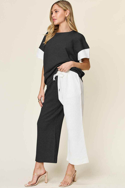 Double Take T-Shirt and Pants Set - Full Size Texture Contrast Outfit - Akana Style