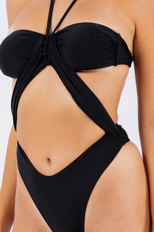One Piece Halter Neck Cutout Swimsuit with Open Front Panel - Akana Style