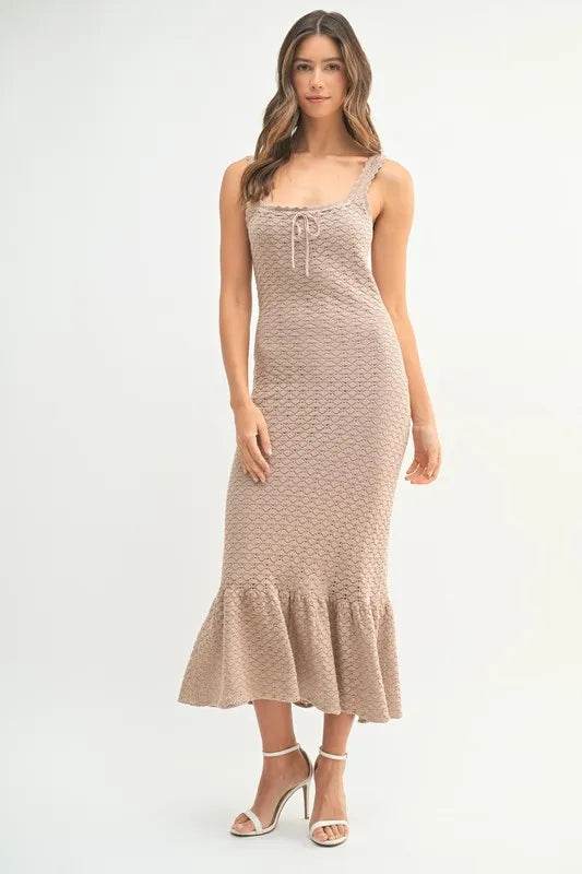Ruffled Hem Crochet Knit Midi Dress for Effortless Style - Akana Style
