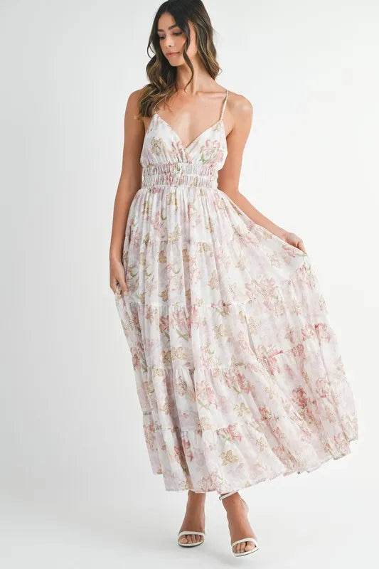 Floral Print Maxi Dress with Tiered Cami Design - Akana Style