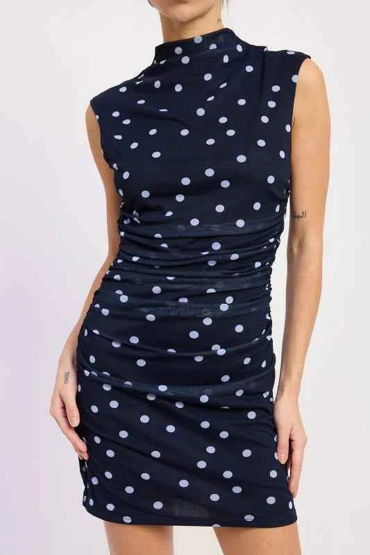 SLEEVELESS MOCK NECK MESH MINI DRESS