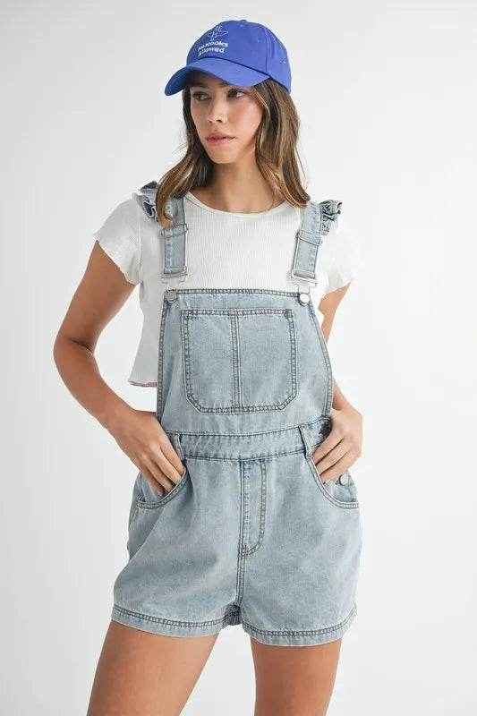 Square Neck Denim Overall Romper with Ruffle Shoulders - Akana Style