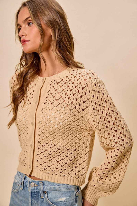 Open Knitted Button Down Cardigan Sweater Top