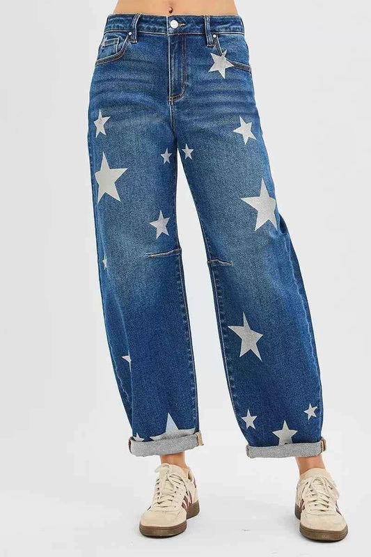 Mid Rise Star Printed Jeans - Akana Style