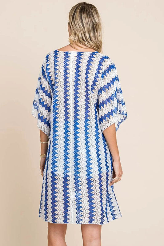 Cotton Bleu Cover-Up by Nu Lab - Tied Striped Plunge Half Sleeve - Akana Style