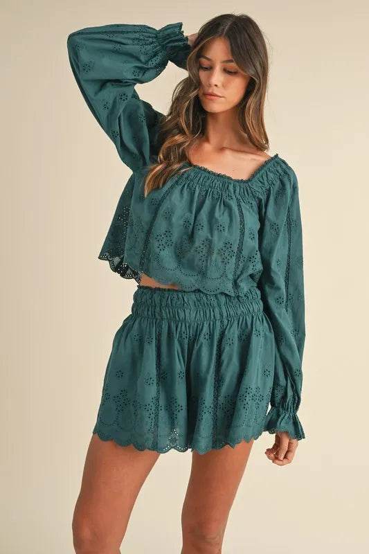 Embroidered Lace Top and Short Set with Scalloped Design - Akana Style