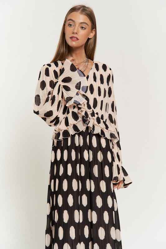 Polka Dot Maxi Dress with Ruffled Long Sleeves and Pleated Design - Akana Style