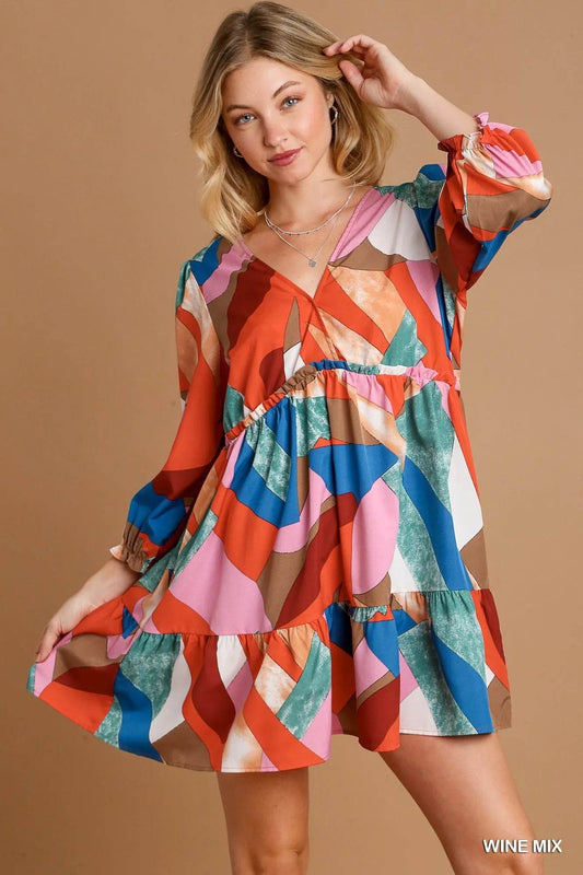 Umgee Tiered Printed Dress - Abstract V-Neck Style - Akana Style