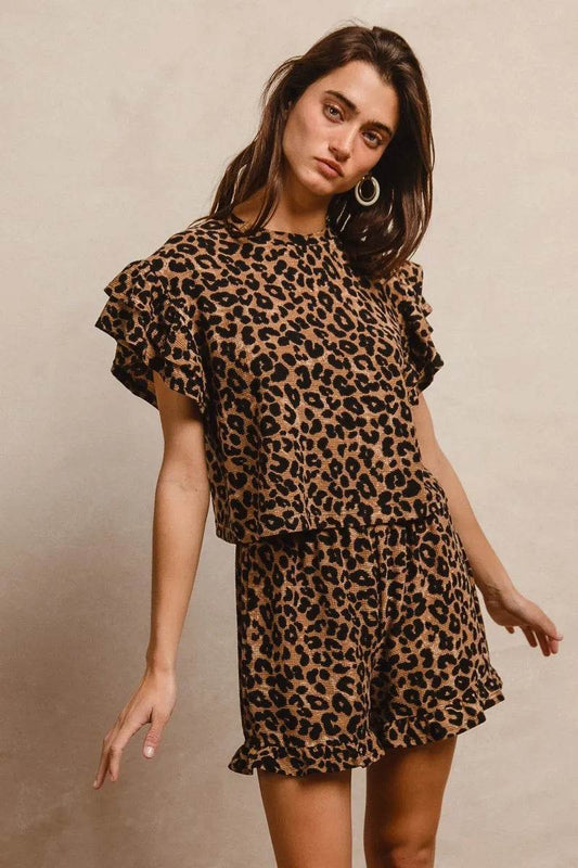 Leopard Print Ruffle Sleeve Set with Waffle Texture Layered Top and Shorts - Akana Style