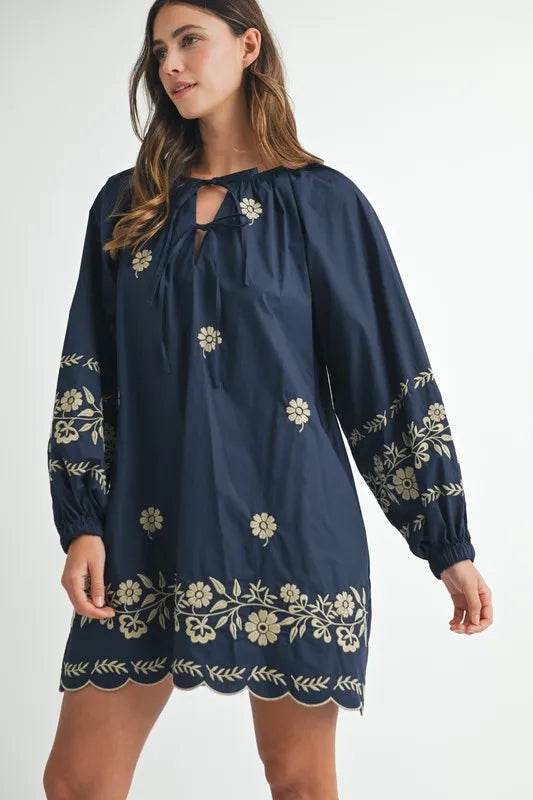 Embroidered Peasant Mini Dress with Long Sleeves - Akana Style