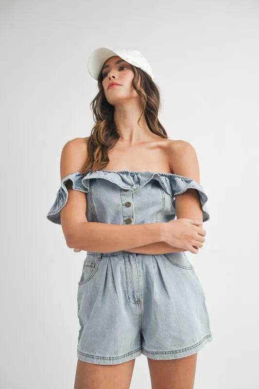 Off Shoulder Denim Romper with Ruffle Detail - Akana Style
