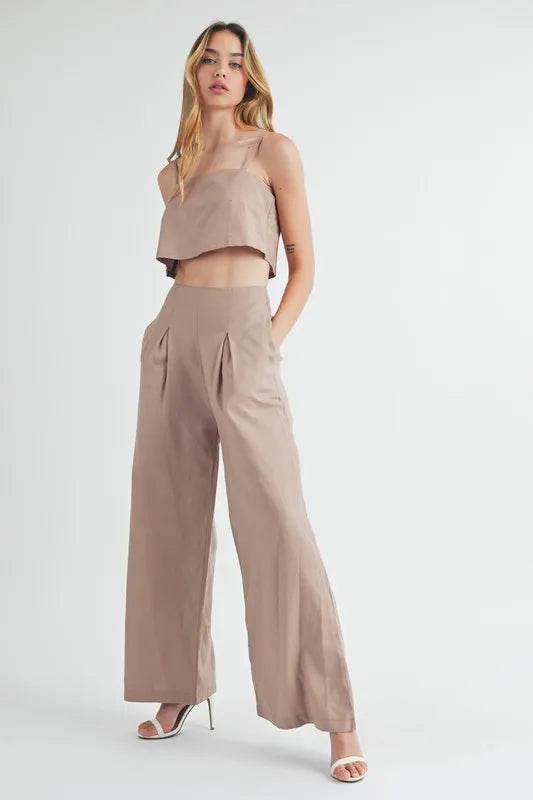 Linen Mix Crop Cami Pants Set with Wide Leg Pants - Akana Style