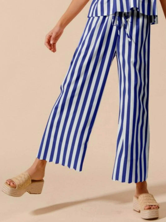 Front Tie Puff Sleeves Set - Stripe Top and Wide Leg Pants Design - Akana Style