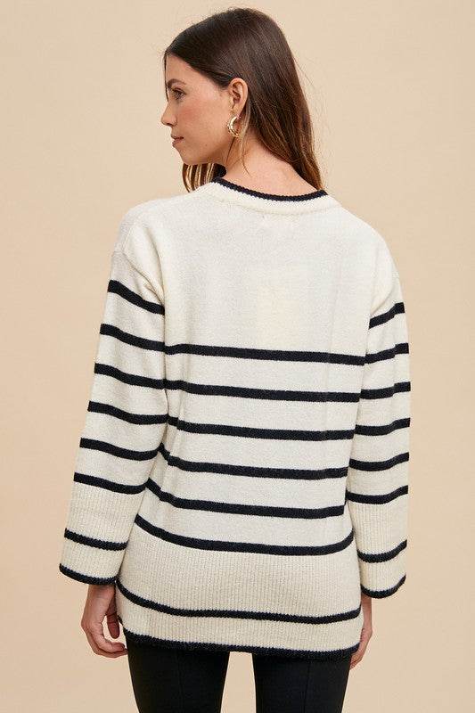 Side Slit Striped Sweater with Round Neck for Effortless Style - Akana Style