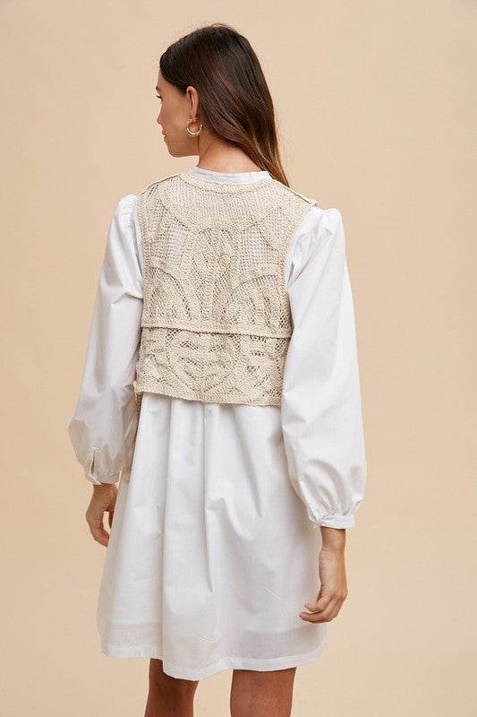 Crochet Vest Notched Long Sleeve Shirt Dress - Stylish Crochet Vest Dress - Akana Style