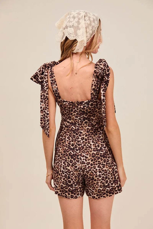 Leopard Woven Romper with Flowy Design and Tie Straps - Akana Style